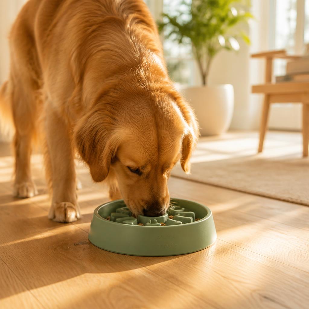 Golden Retriever frisst aus dem Paschigo Slow Feeder Napf